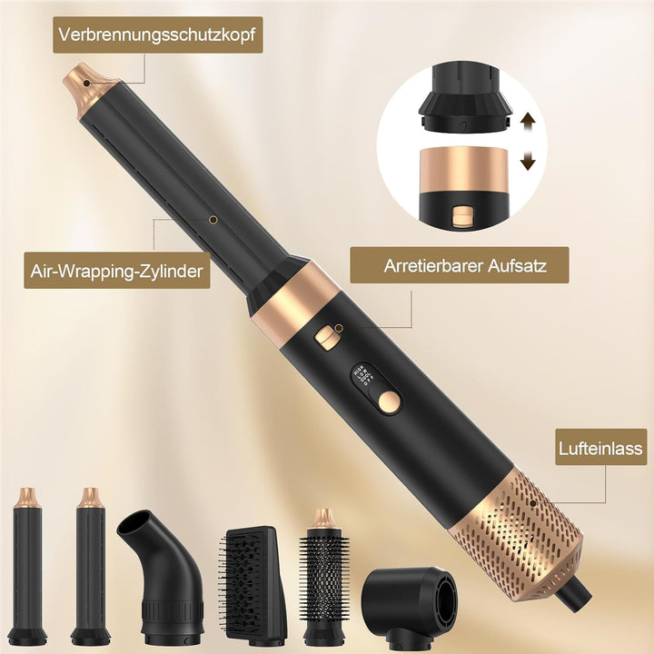 6 in 1 Warmluftbürste & Styler Set, 1000 W Föhnbürste mit abnehmbaren Aufsätzen, Professionelle Heis
