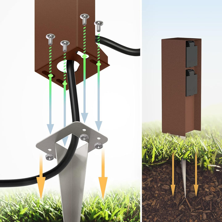 ledscom.de Garten-Steckdosen-Säule POMI mit Erdspiess für aussen, IP44, 2-Fach, braun, eckig, 23cm 1