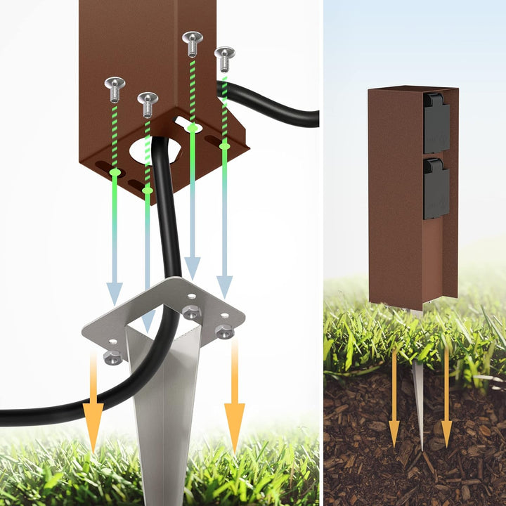 ledscom.de 2 Stück Garten-Steckdosen-Säule POMI mit Erdspiess für aussen, IP44, 2-Fach, braun, eckig