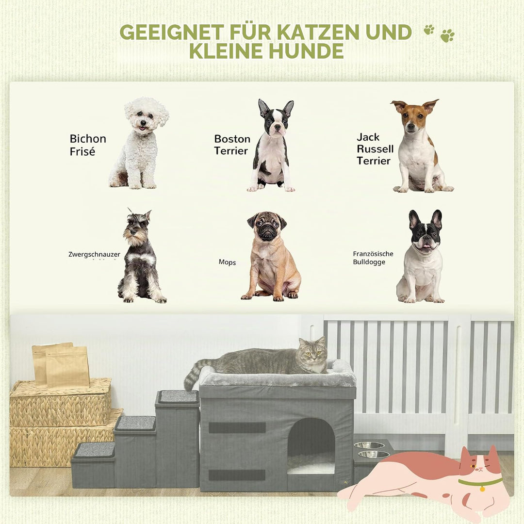 PawHut Katzenhöhle Katzenbett mit Kissen, Treppe, 2 Edelstahlnäpfen, Trennwand, Liegefläche, Katzenh