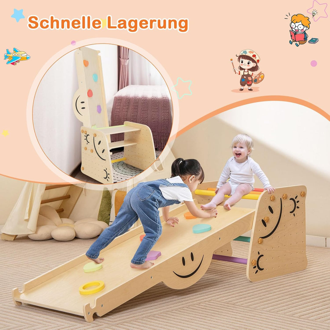 DREAMADE 6 in 1 Klettergerüst Indoor mit 2-seiteiger Rampe, Sprossendreieck Kletterspielzeug aus Hol