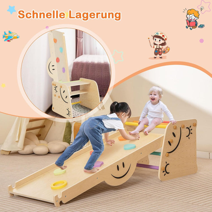 DREAMADE 6 in 1 Klettergerüst Indoor mit 2-seiteiger Rampe, Sprossendreieck Kletterspielzeug aus Hol