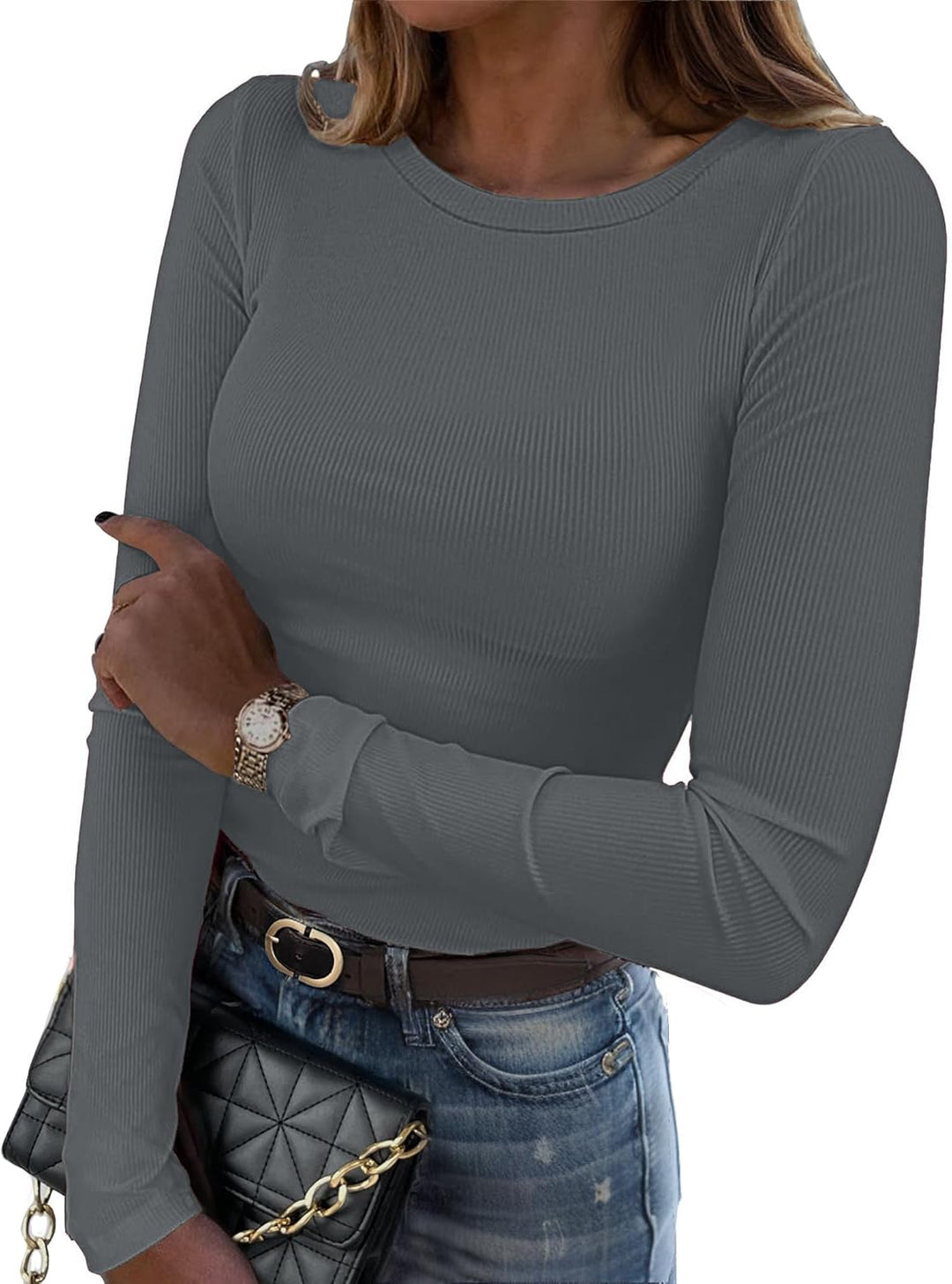 DUOEASE Langarmshirt Damen Rundhal Pullover Elegant Langarm Oberteile Rippshirt Tshirts Basic Tops D