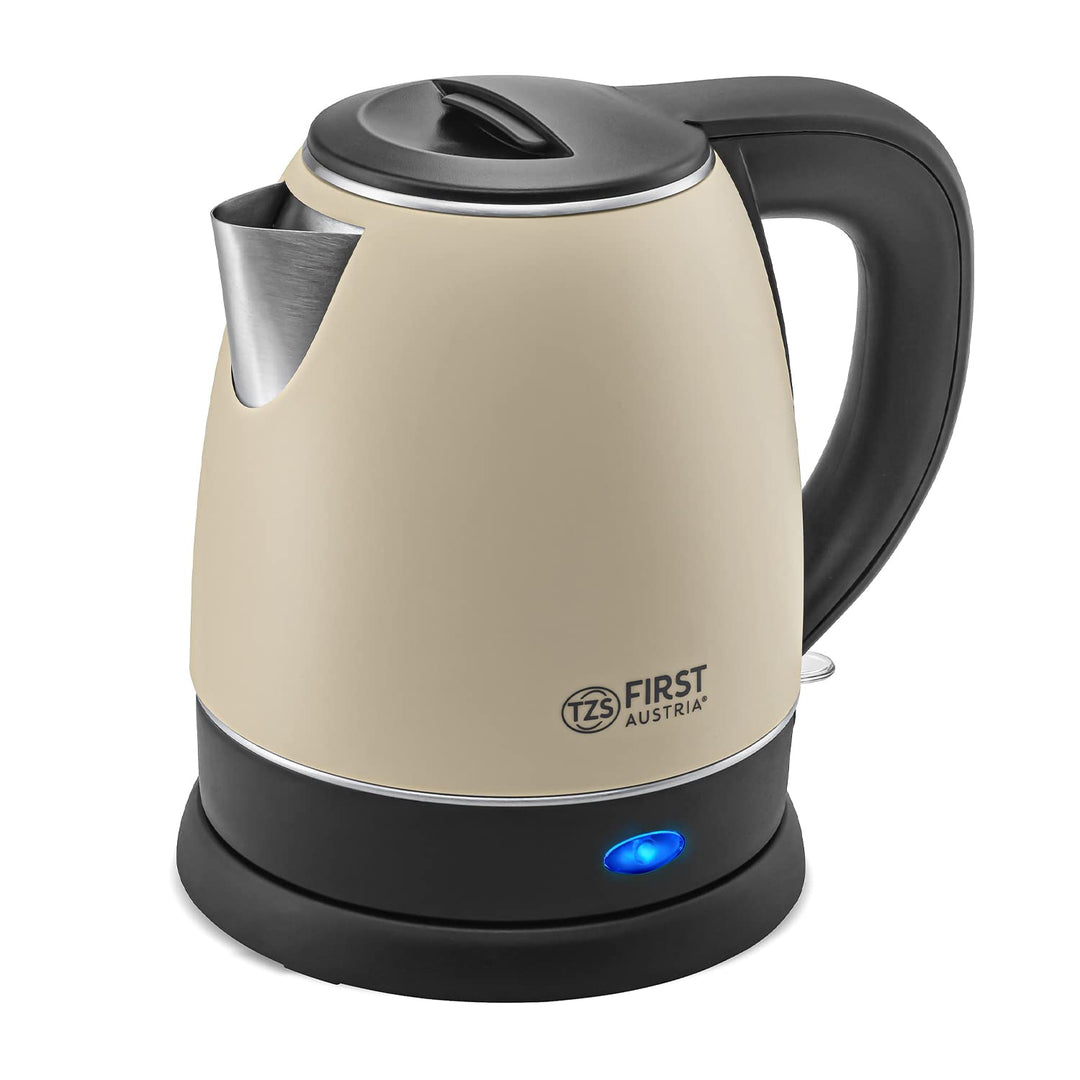 TZS First Austria Edelstahl Wasserkocher, creme-schwarz, 2200W | 1,2 Liter | Höhe 20cm | 360° Grad A