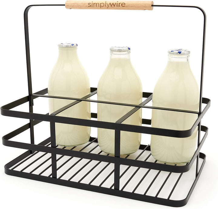 simplywire – Retro-6er-Milchflaschenhalter – Weinflaschenträger – Schwarzer Flachdraht