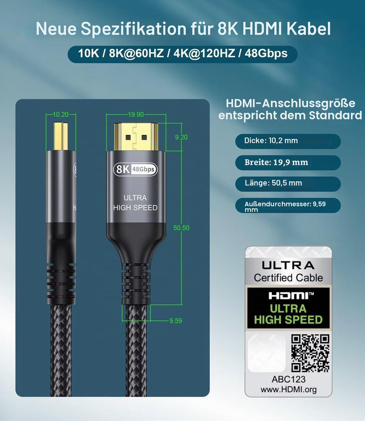 Adauxter 10K 8K HDMI 2.1 Kabel 7.5M, Zertifiziert 48Gbps Ultra High Speed HDMI Kabel mit Ethernet 4K