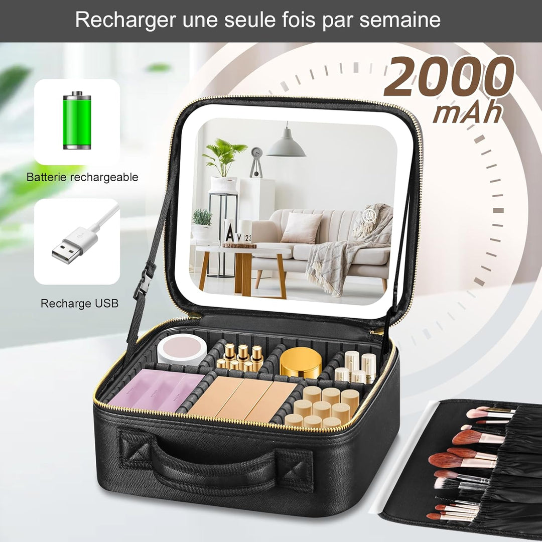 Reise-Schminktasche mit LED-Spiegel, Reise-Schminktasche mit beleuchtetem Spiegel, 3-Farben-Einstell