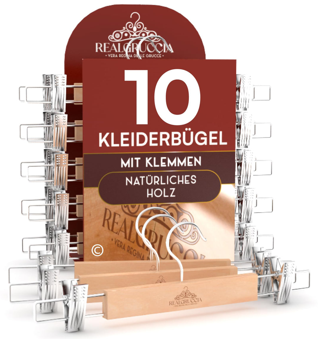 10 Kleiderbügel mit Klammern aus Holz 13x33cm Hosenbügel Röcke Jeans - RealGruccia Polierte Ausführu