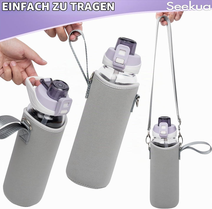 Seekua 0.8l Sport Trinkflasche Glas Flasche mit Strohhalm &amp; Zeitmarkierung 800ml auslaufsicher bpa f
