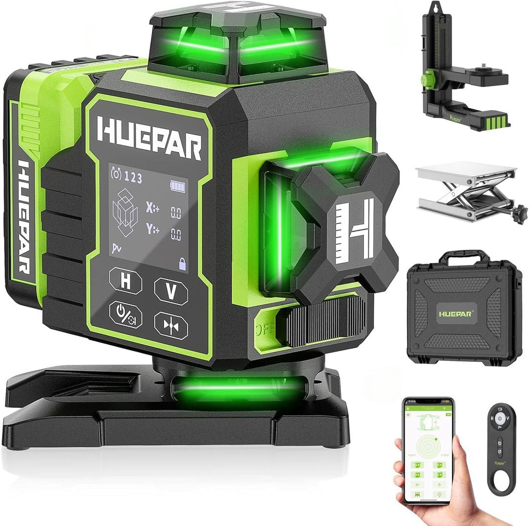 Huepar 2024 New Edition W04CG 4D Laser-Wasserwaage, LCD-Display Laser-Wasserwaage mit drehbarer Moto