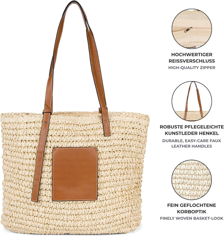 styleBREAKER Damen Korbflecht Schultertasche aus Papierstroh, Strandtasche mit langen Henkeln, Flech