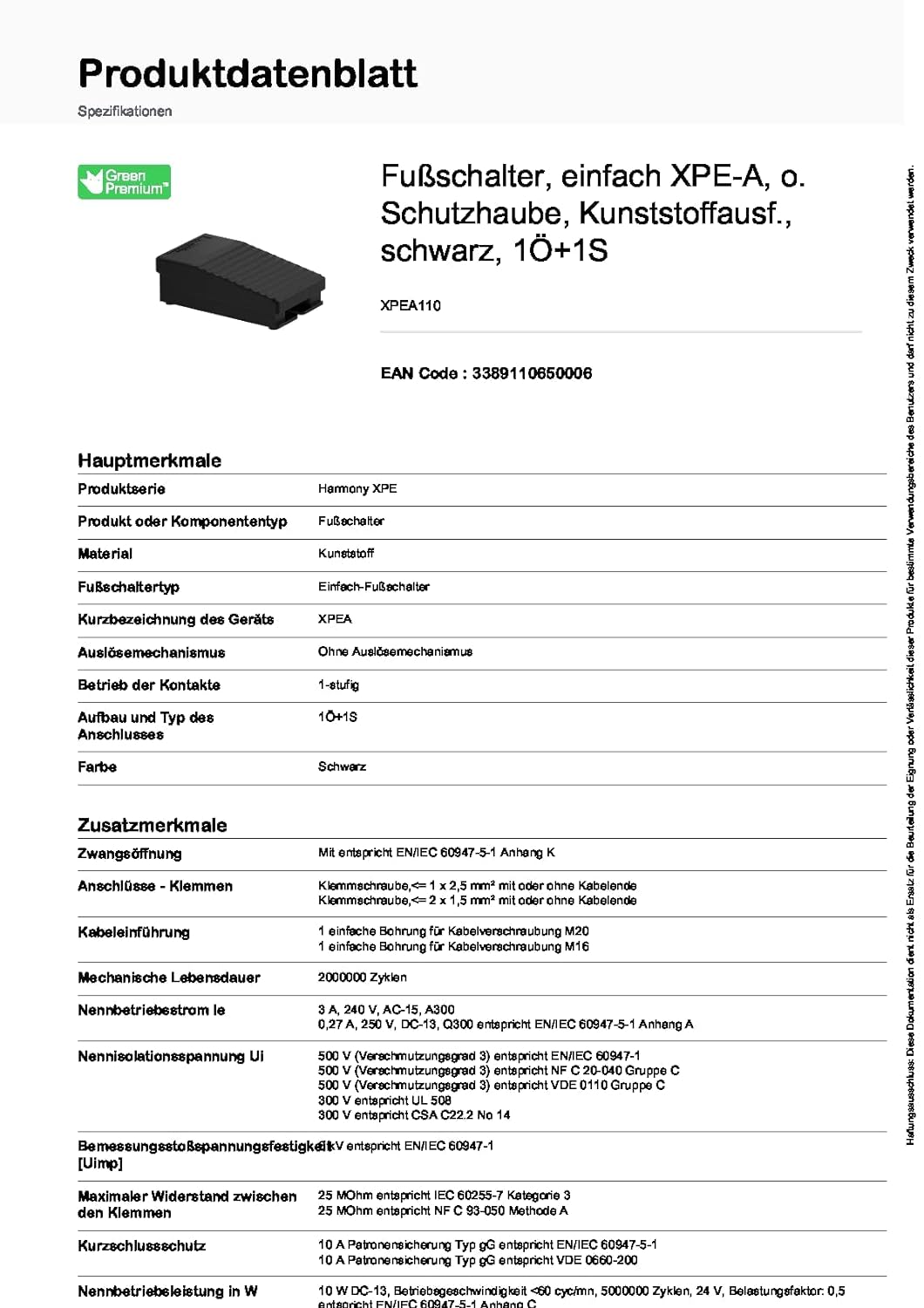 Schneider Electric XPEA110 Fussschalter, einfach, Kunststoff, schwarz, 1-stufig, 1Ö+1S, IP43, mechan