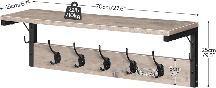 HOOBRO Wandgarderobe, Wandregal mit 7 Haken und Ablage, Hängeregal mit Garderobenleisten, Wandmontag