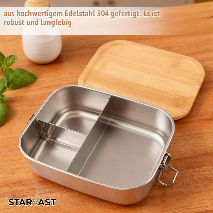 STARVAST 2 Stück Lunchbox für Erwachsene Kinder, Edelstahl Brotdose mit Fächern Holzdeckel,BPA-frei