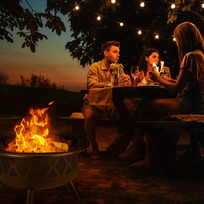 Relaxdays Feuerschale mit Funkenschutz, Garten & Terrasse, mit Schürhaken, Outdoor Feuerstelle, Stah