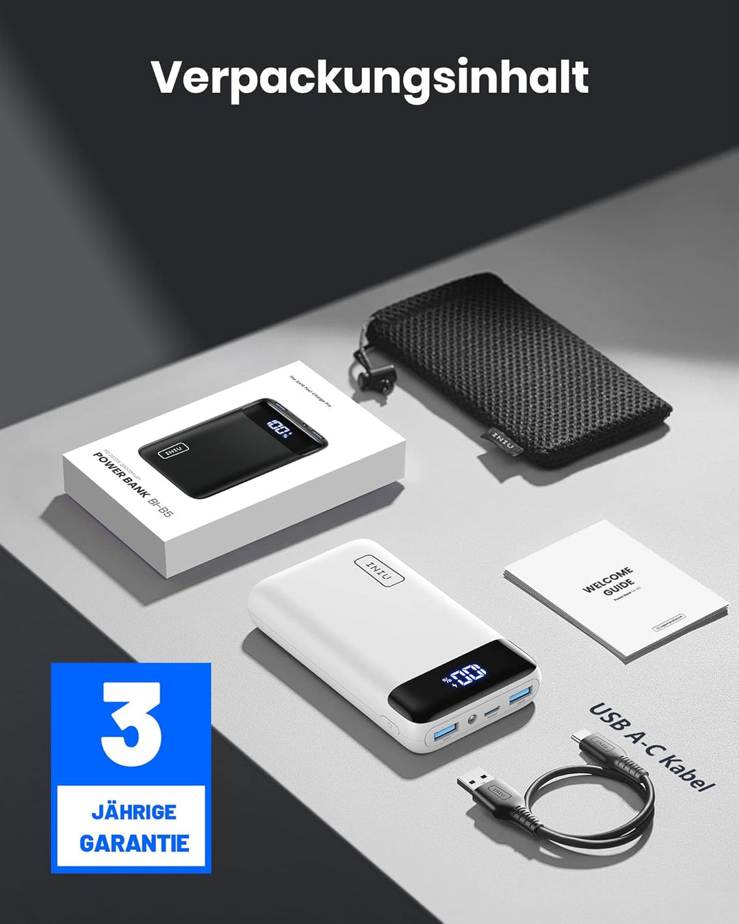INIU Powerbank, Kompakte LED-Anzeige 20000mAh Externer Akku mit Dualer 3A Ausgängen und USB-C Eingan