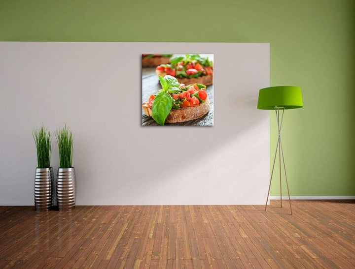 Pixxprint Köstliche Tomaten Bruchetta, Format: 70x70 auf Leinwand, 70x70