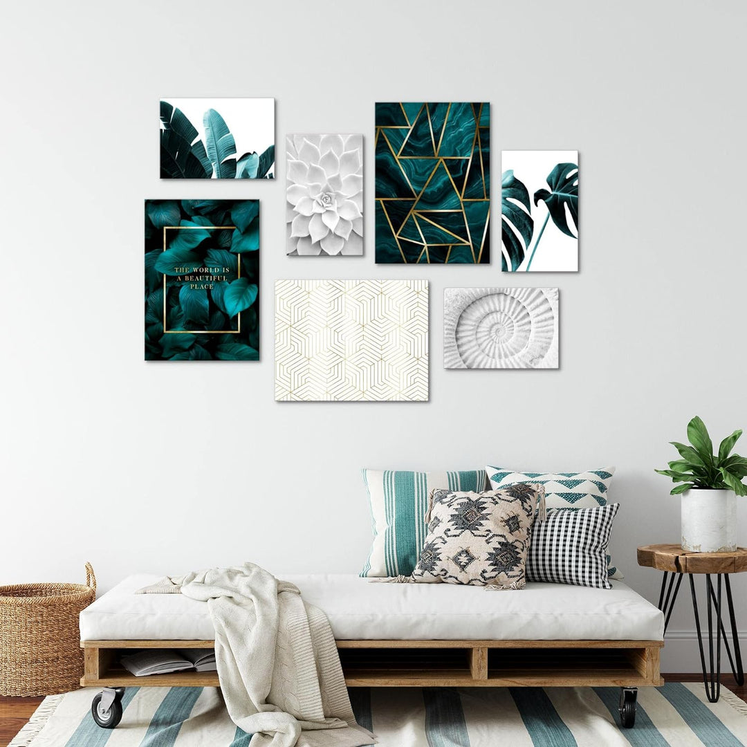 Novart Wandbilder Grün Blätter - KOMPLETT AUFHÄNGFERTIG - Abstrakt Wohnzimmer Schlafzimmer- 7 Modern