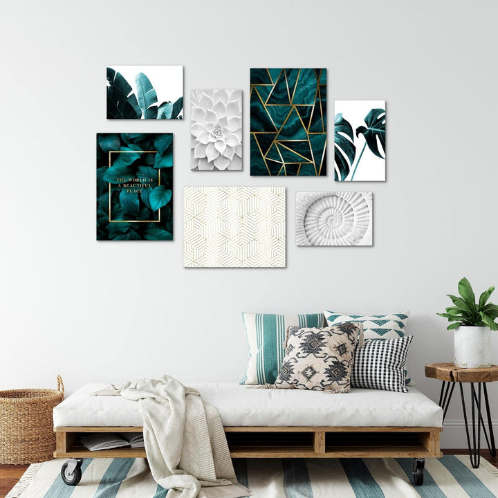 Novart Wandbilder Grün Blätter - KOMPLETT AUFHÄNGFERTIG - Abstrakt Wohnzimmer Schlafzimmer- 7 Modern