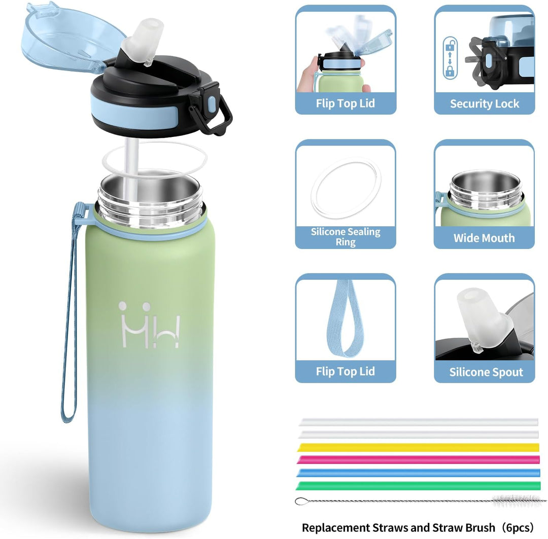 Thermosflasche 750ml, Trinkflasche Edelstahl mit Strohhalm, Trinkflasche Kohlensäure Geeignet, Klick