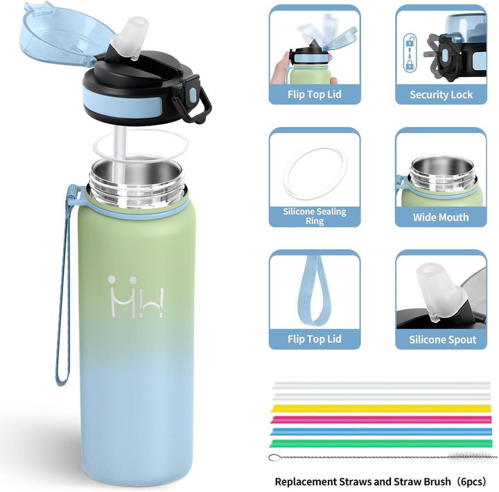 Thermosflasche 750ml, Trinkflasche Edelstahl mit Strohhalm, Trinkflasche Kohlensäure Geeignet, Klick