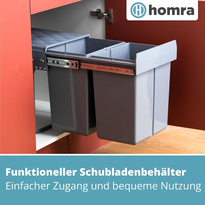 Homra Mülleimer 2 Fächer Ausziehbar | Einbaumülleimer Küche 2x20l | Mülltrennsystem Unterschrank | D