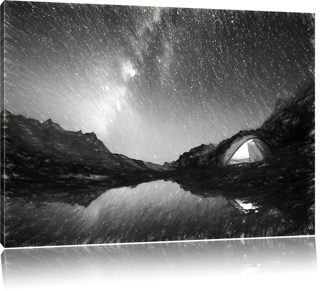 Pixxprint Zelten unter tausenden Sternen / 100x70cm Leinwandbild bespannt auf Holzrahmen/Wandbild Ku