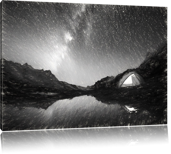 Pixxprint Zelten unter tausenden Sternen / 100x70cm Leinwandbild bespannt auf Holzrahmen/Wandbild Ku