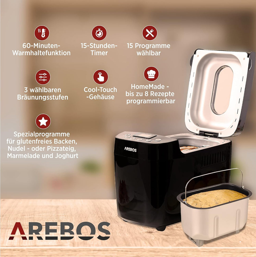 Arebos Brotbackautomat 1500g | mit 15 Programmen | 2 Knethaken | Timer | LCD Display | 3 Bräunungsgr