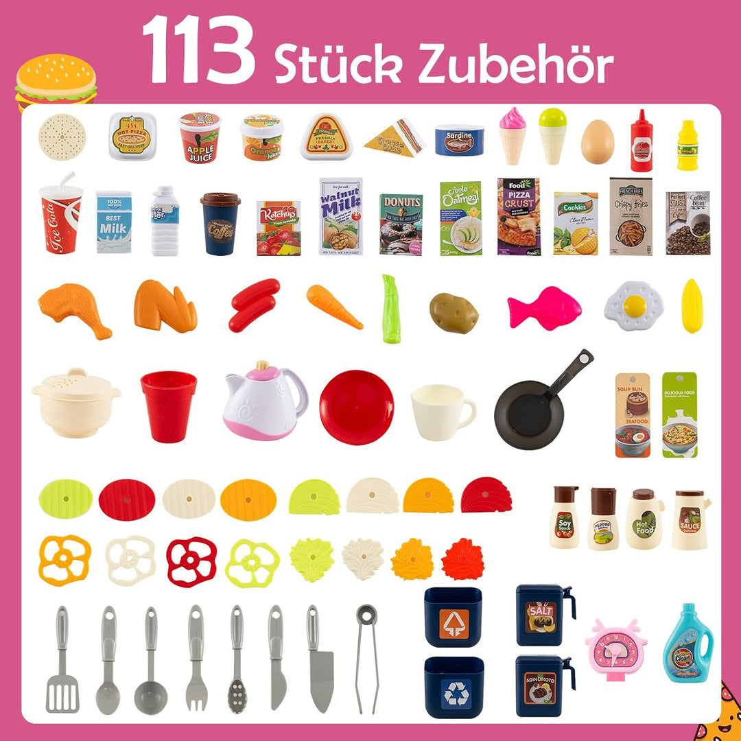 COSTWAY Kinderküche mit 113 Zubehör, Eck-Spielküche mit Licht, Sound & Dampf, Kinder Küche mit Kochh