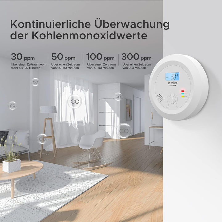 X-Sense CO Melder mit austauschbarer Batteriebetrie und LCD Display inkl. CO-Konzentration, Kohlenmo