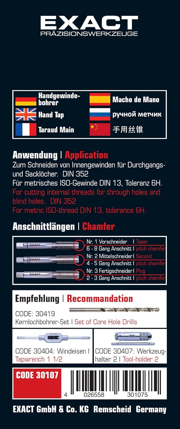EXACT 30107 Handgewindebohrer Satz M12 HSS DIN 352, M12