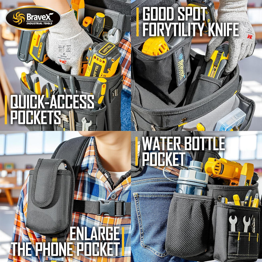 Bravex Tool Belt Suspenders - Pro Ultra Anti-wear 20 Bags Y-Style Tool Belts 5 Combo Apron Tool Pouc