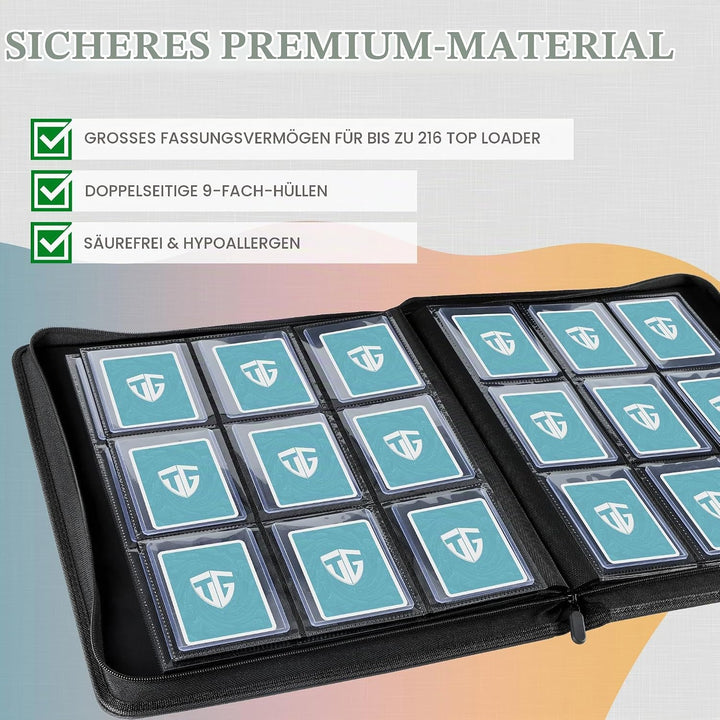 TCGUARD Toploader Sammelkarten Album für 216 Toploader, 9 Fächer Toploader Binder mit Hüllen für 3"x