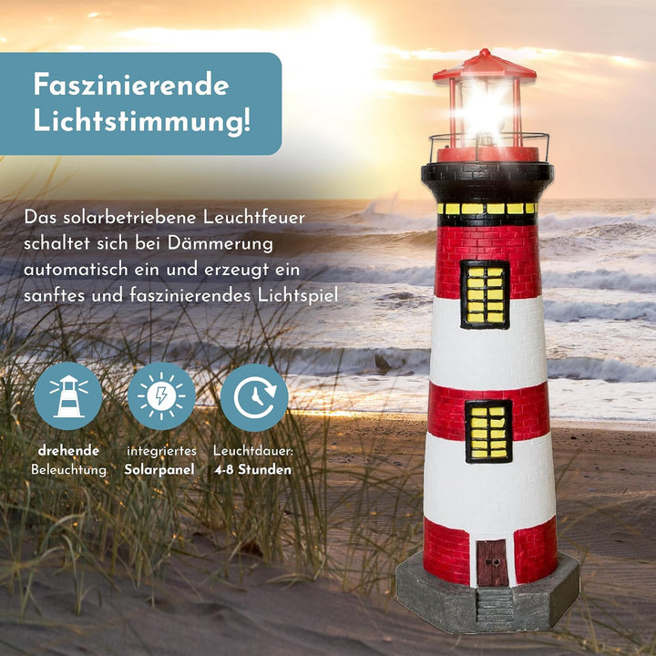 NATIV LEMODO Gartendeko Leuchtturm 83cm hoch | Handbemalte Gartenfigur mit solarbetriebenem, rotiere