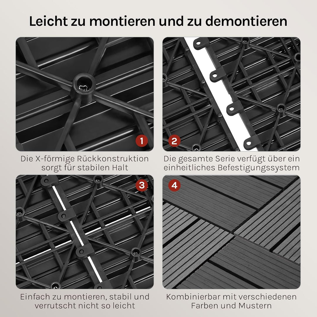 WOLTU WPC Fliese, Terrassenfliesen Holz-Optik, Bodenbelag mit Klicksystem, 30 x 60 cm, Grau (12 Stüc