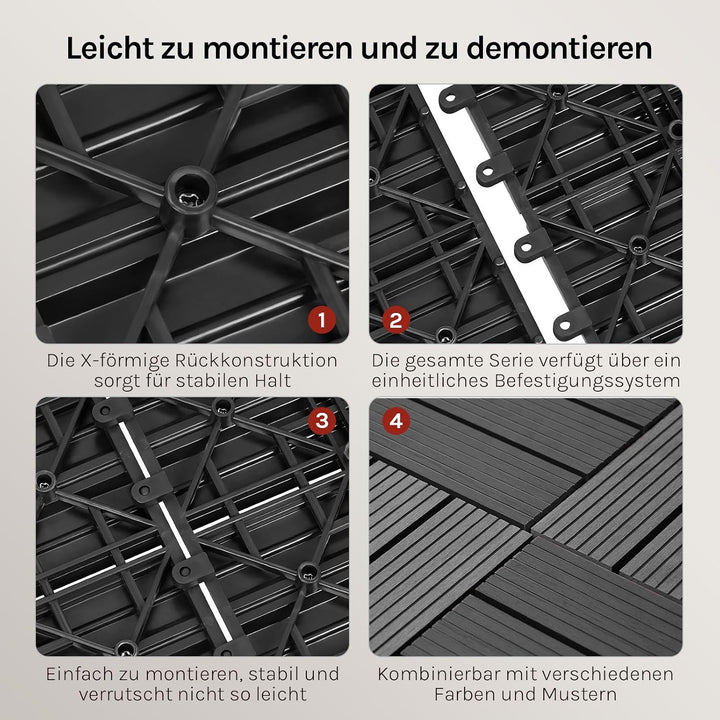 WOLTU WPC Fliese, Terrassenfliesen Holz-Optik, Bodenbelag mit Klicksystem, 30 x 60 cm, Grau (12 Stüc
