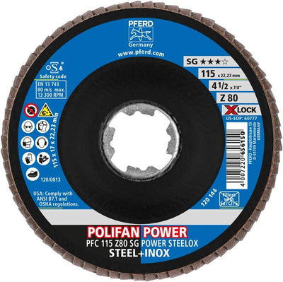 PFERD Fächerscheibe POLIFAN POWER, 10 Stück, 115mm, Z80, X-LOCK (22,23 mm), SG STEELOX, 67788117 – f