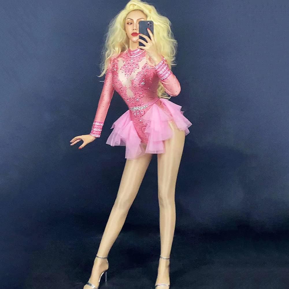 Glänzender Strass-Body für Damen, langärmelig, Drag-Queen-Outfit, sexy Kostüme, Tanz, rose, Einheits