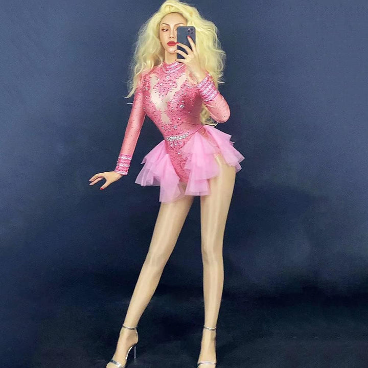 Glänzender Strass-Body für Damen, langärmelig, Drag-Queen-Outfit, sexy Kostüme, Tanz, rose, Einheits