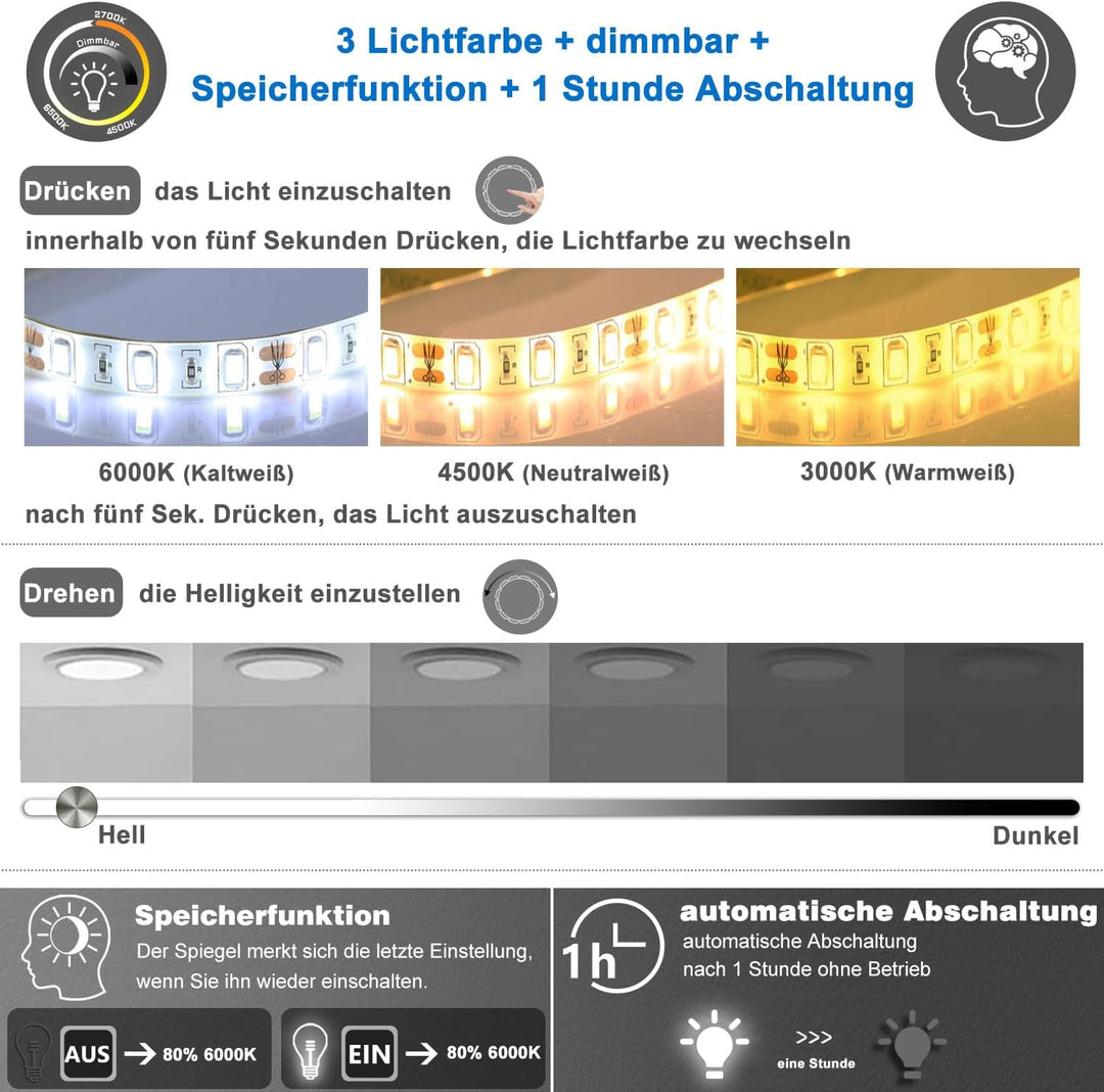 Aica Sanitär Badspiegel 70×50cm Druckknopf/Wandschalter 3 Lichtfarbe dimmbar Memory Beschlagfrei Bad