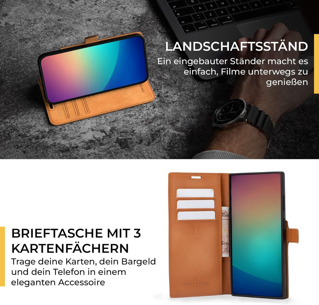 Snakehive Lederhülle für Samsung S23 Ultra – Klapphülle mit Kartenfächern & Standfunktion (Grün), Gr