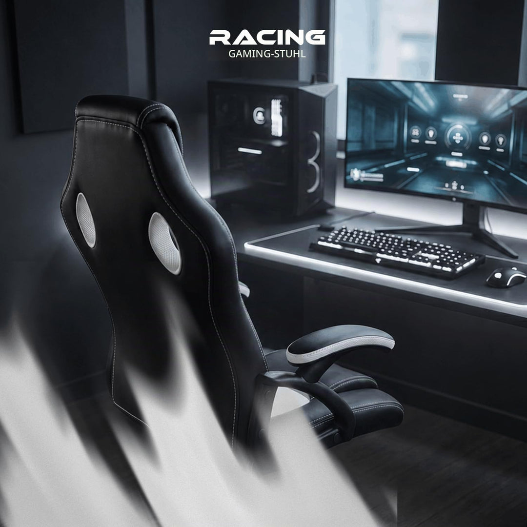 Panorama24 Gamer Stuhl Gaming Schreibtischstuhl Chefsessel Bürostuhl Ergonomisch, Weiss, 9 Farbvaria