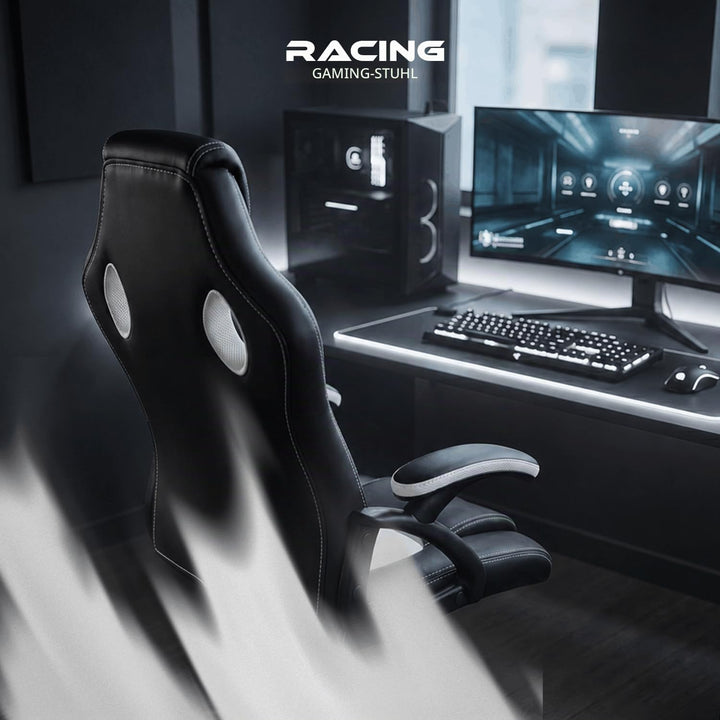 Panorama24 Gamer Stuhl Gaming Schreibtischstuhl Chefsessel Bürostuhl Ergonomisch, Weiss, 9 Farbvaria