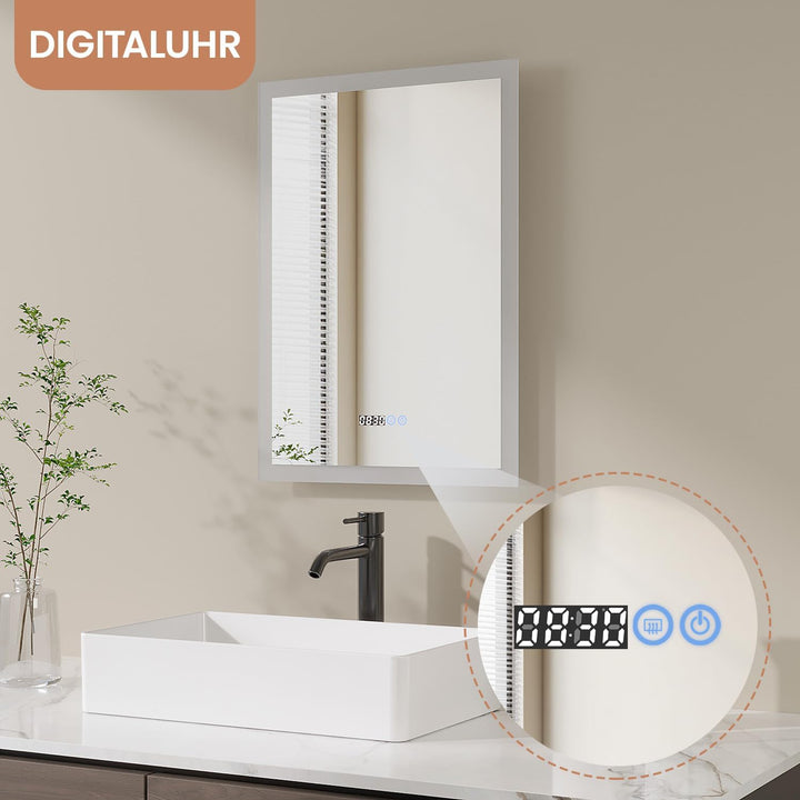 AQUABATOS LED Spiegel mit Uhr 50x70 cm Badspiegel mit Beleuchtung und Uhrzeit 3 Lichtfarben Dimmbar