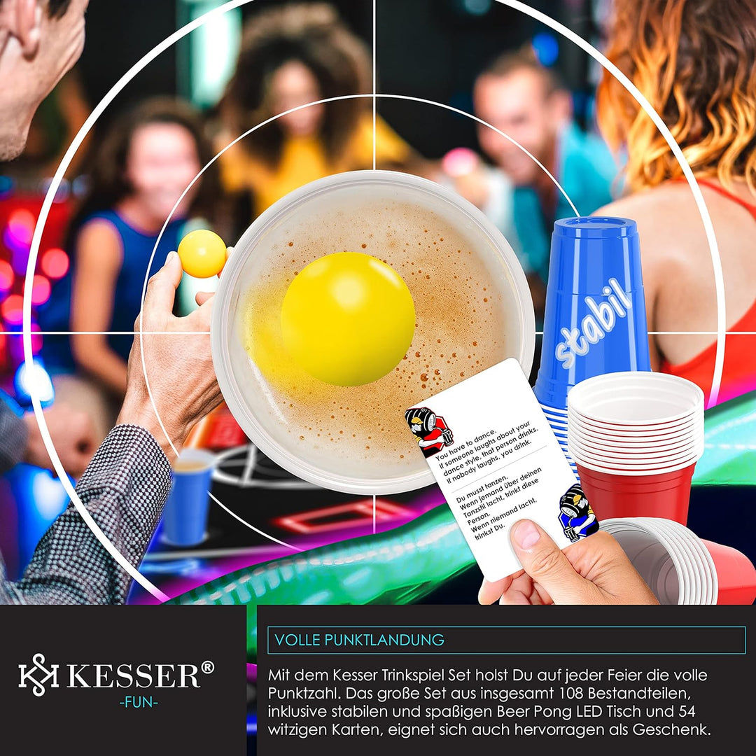 KESSER® Bier Pong Tisch Set mit Kartenspiel Trinkspiel LED-Action inkl. 100 Becher (50 Rot & 50 Blau