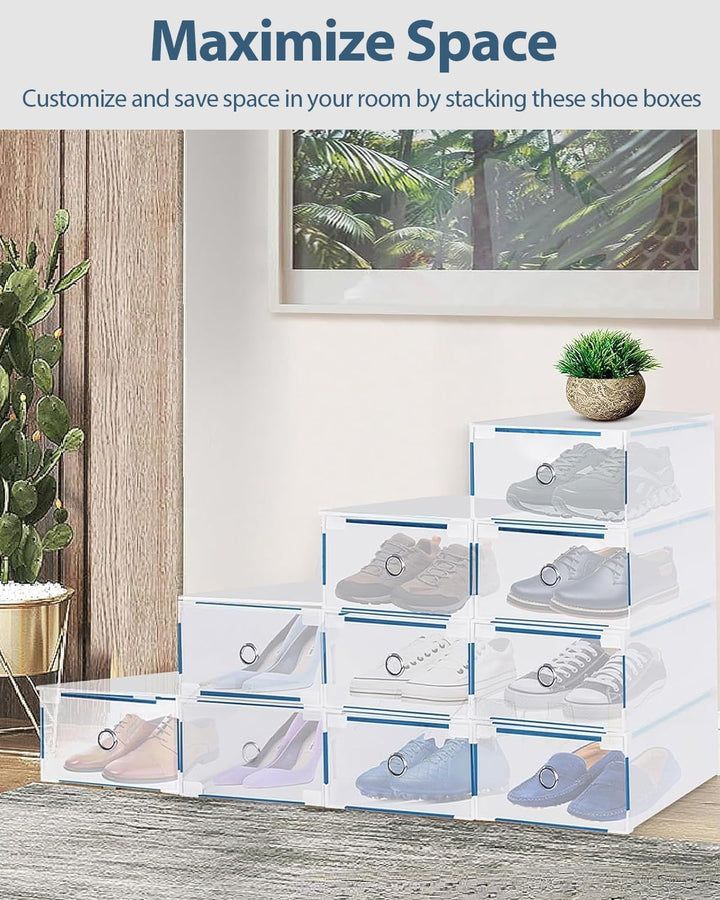 10er Set Schuhboxen - Stapelbare Schuh Organizer aus transparentem Kunststoff mit Schubladen - DIY S