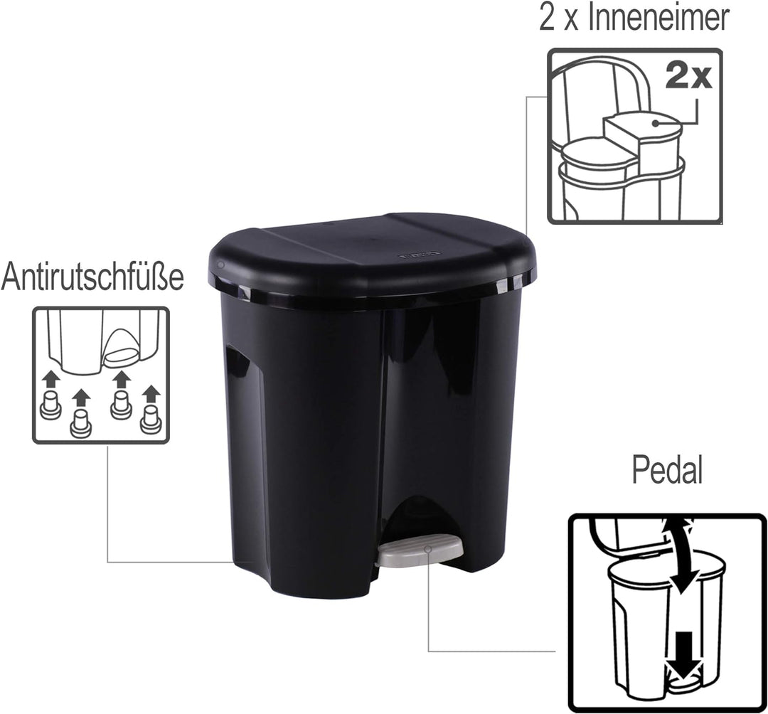 Rotho Duo Mülleimer 2x 10l zur Mülltrennung mit Deckel, Kunststoff (PP recycelt) BPA-frei, schwarz,