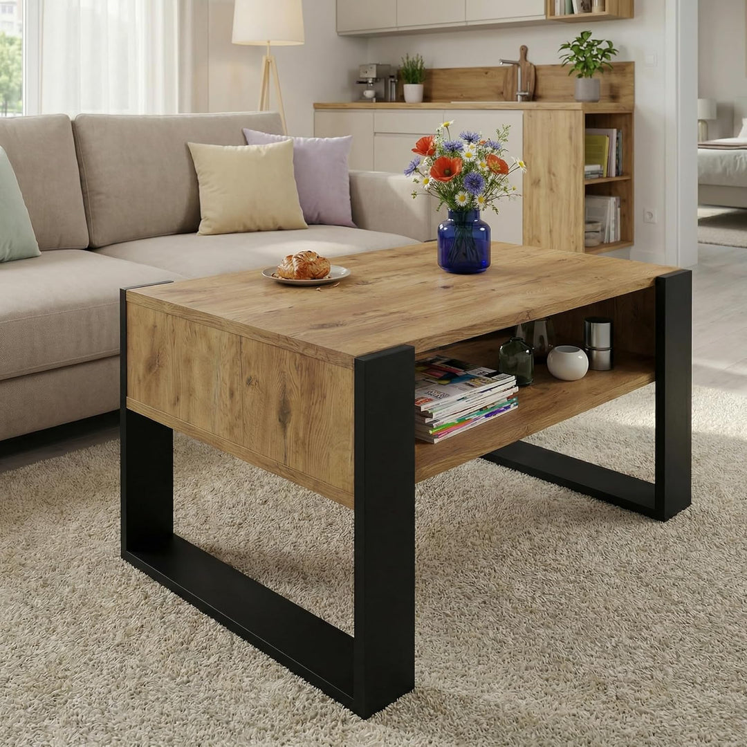 CraftPAK Wohnzimmer Tisch für Couch aus hochwertigem Holzwerkstoff, moderner Couchtisch mit zusätzli