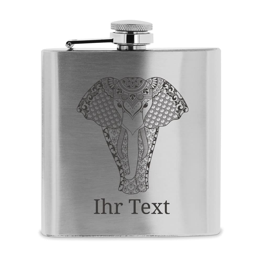 personalisierbarer Flachmann aus Edelstahl mit Name – Elefant Zentangle – Taschenflasche mit Wunschg